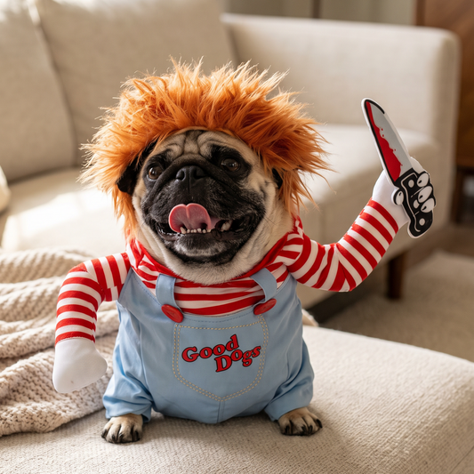 Perro disfrazado de bulldog asesino de Halloween, imagen de producto (ilustrativa)