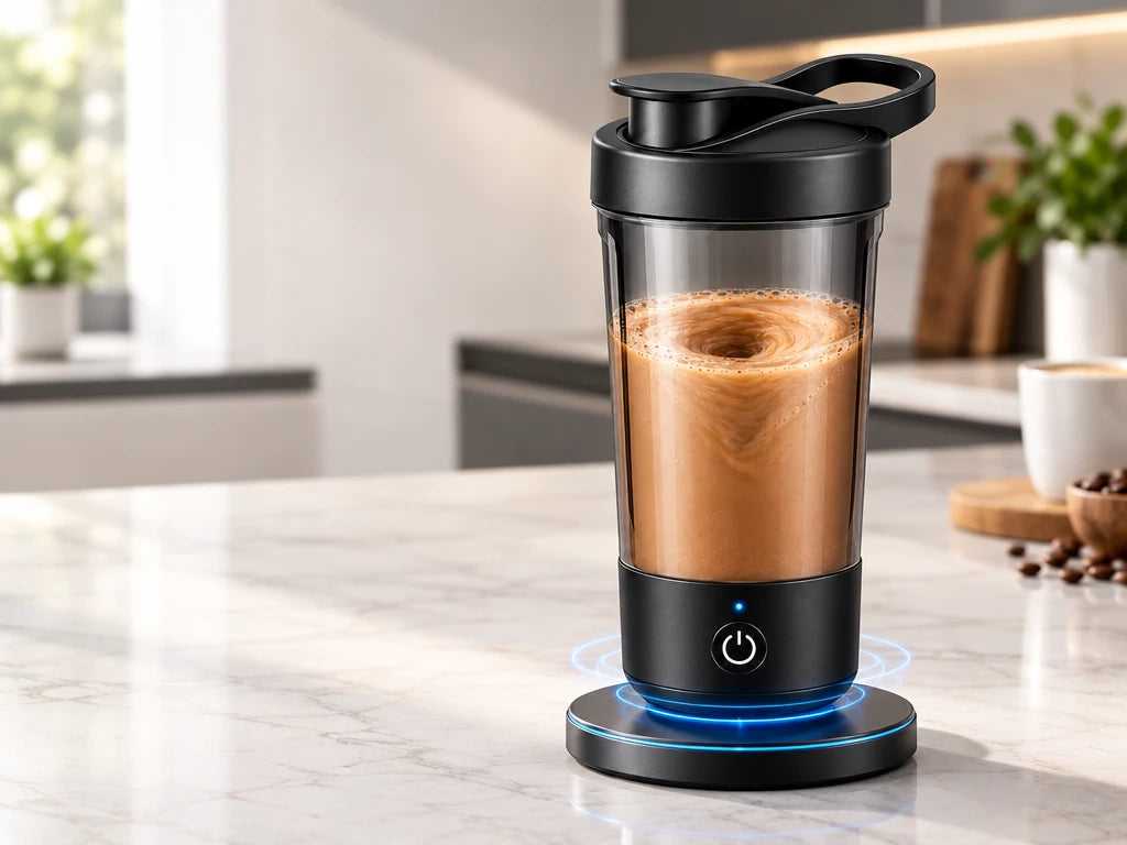 Shaker eléctrico negro sobre su base de carga inalámbrica
