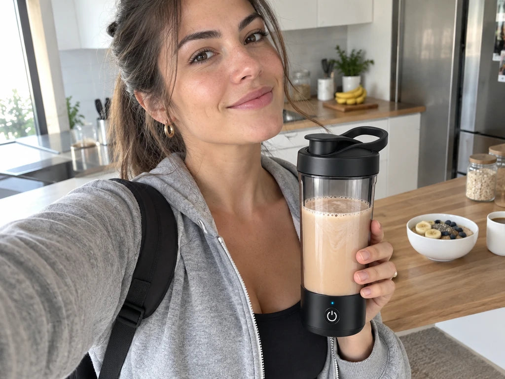 Persona sonriendo con un shaker eléctrico con batido en una cocina, junto a un bol de fruta