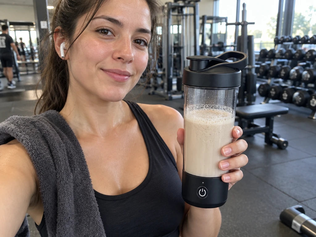 Persona con un shaker eléctrico con batido de proteína en el gimnasio