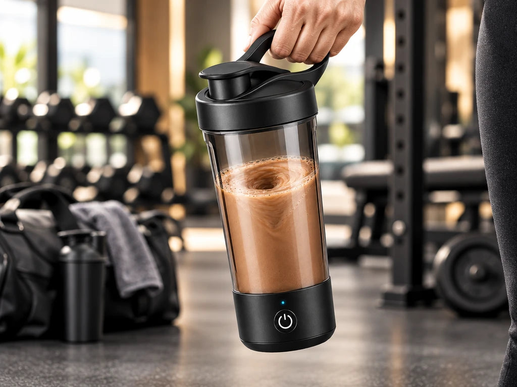 Shaker eléctrico con batido de proteína en el gimnasio