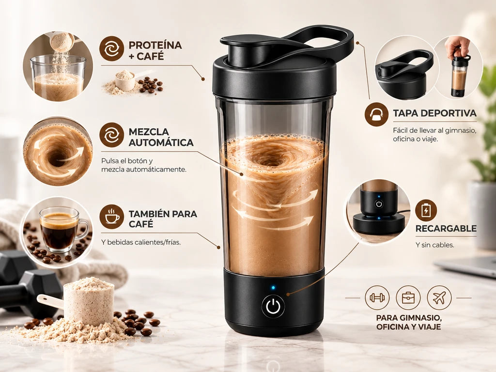 Shaker eléctrico negro con sus características: mezcla automática, proteína y café, tapa deportiva, recargable y sin cables