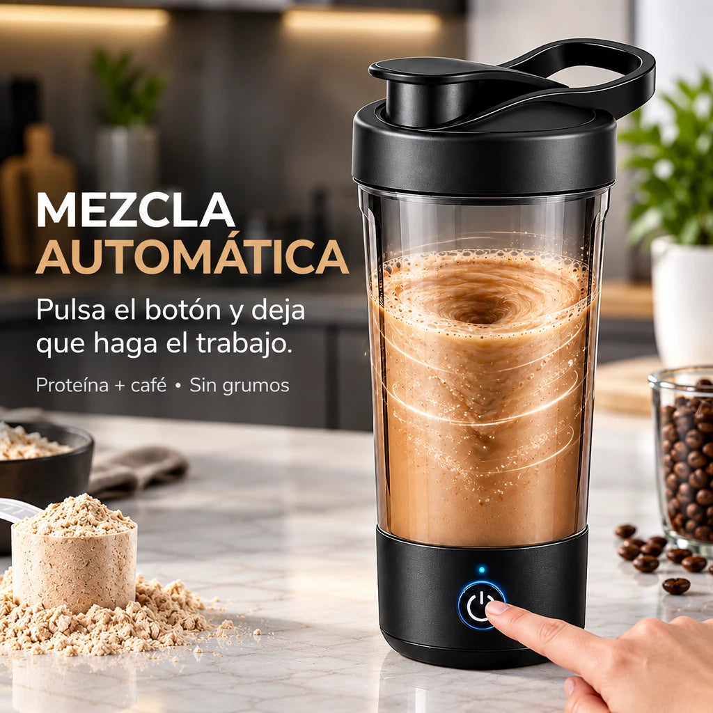 Shaker eléctrico negro mezclando proteína y café con un solo toque