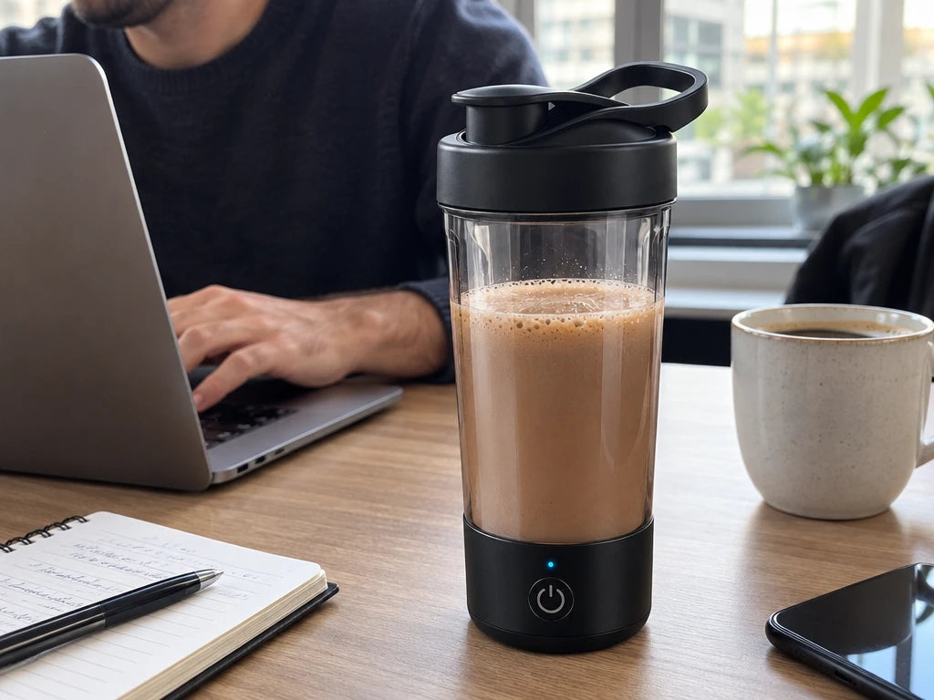 Shaker eléctrico sobre un escritorio de oficina junto a una taza de café