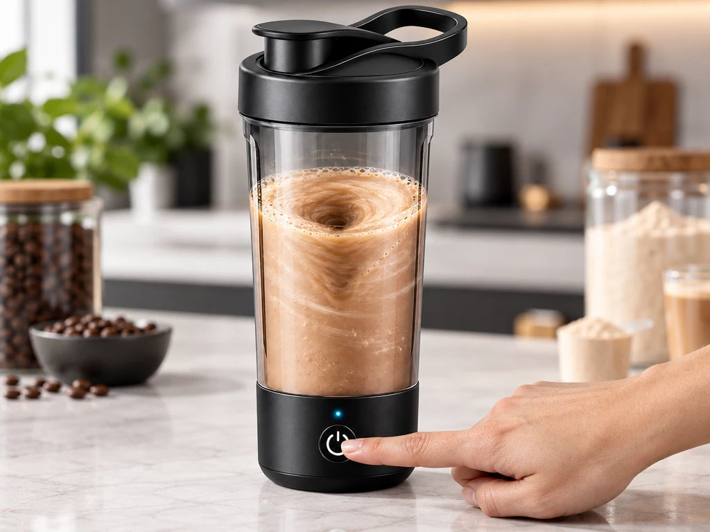 Dedo pulsando el botón del shaker eléctrico mientras mezcla proteína y café