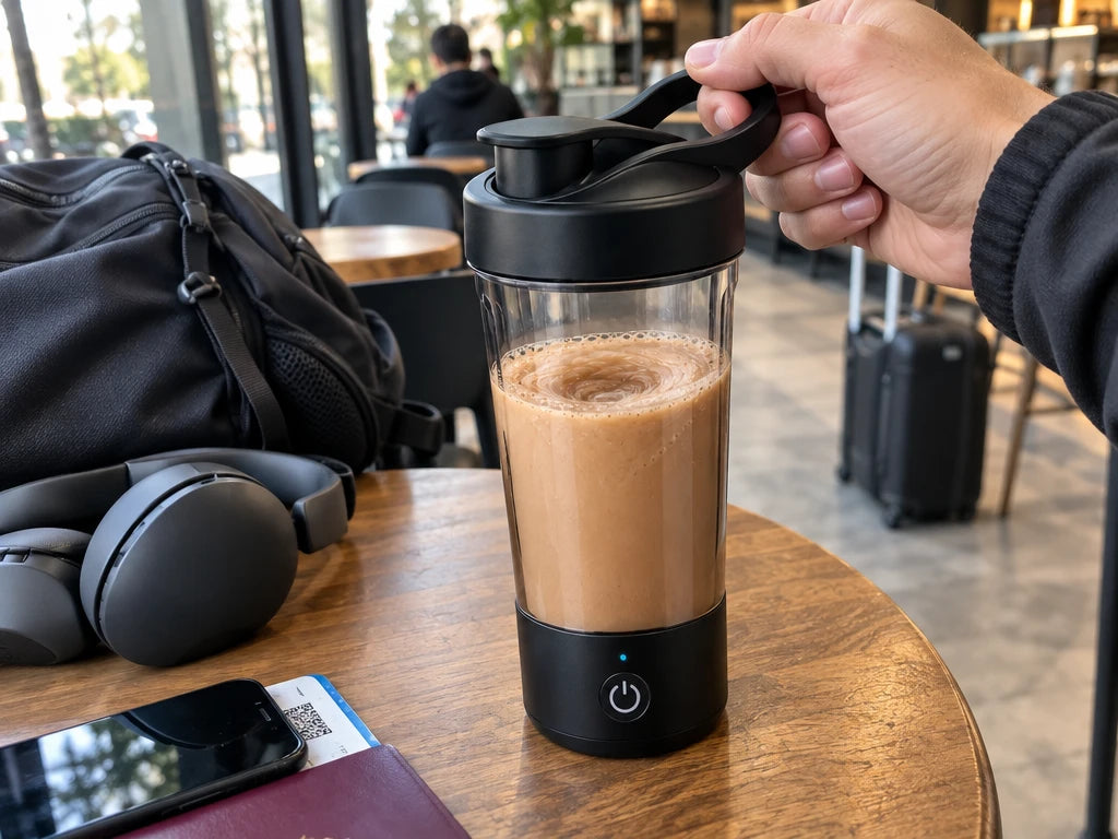 Shaker eléctrico con batido sobre una mesa de cafetería, junto a mochila, auriculares y pasaporte
